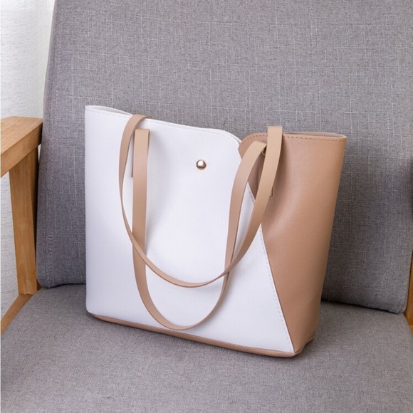 ⚠️Clearance White And Brown Color Block Shoulder Tote Bag - Picture 3 of 5